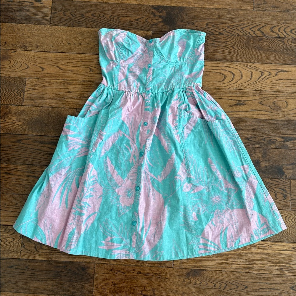 Billabong Strapless Tropical Dress in Mint Aqua and Light Pink